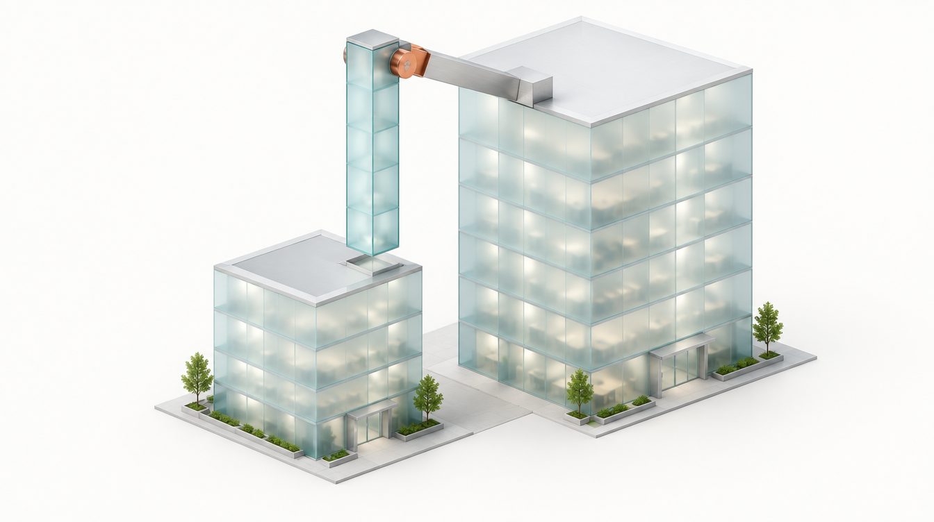 Ein kleines Glasbüro leiht sich eine hohe Glassäule vom größeren Nachbarblock, getragen von einem Silberarm mit Kupfergelenk