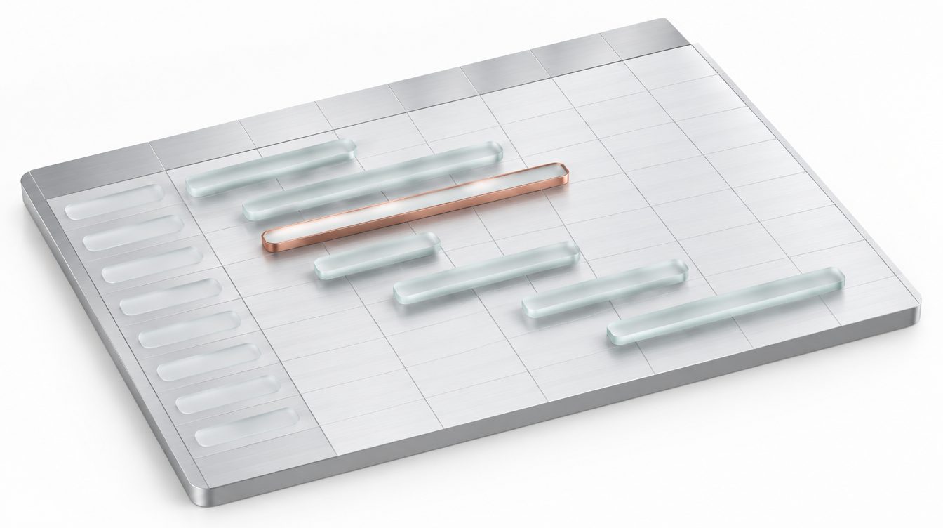 Silberne Planungstafel mit Glasbalken unterschiedlicher Länge wie ein Balkenplan, ein Balken mit Kupferkanten