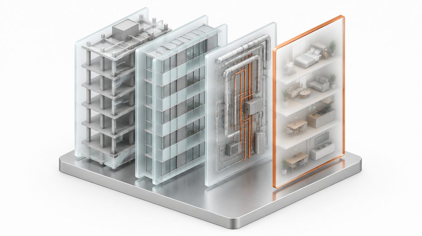 Ein Gebäudemodell in Glasscheiben zerlegt, Tragwerk, Fassade, Technik, Innenausbau, eine Scheibe kupfern umrandet