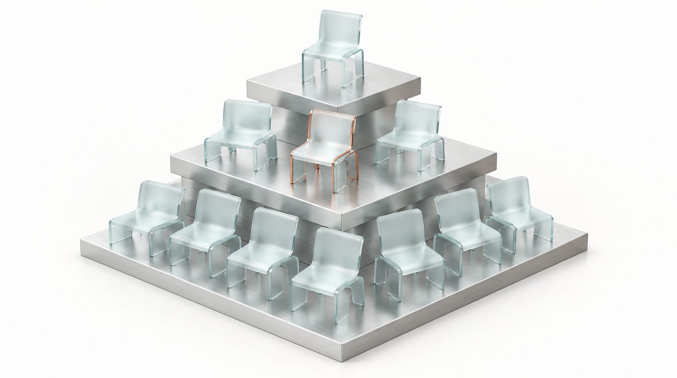 Pyramide aus Glasstühlen auf Silberstufen, oben einer, in der Mitte drei, einer davon kupfern umrandet